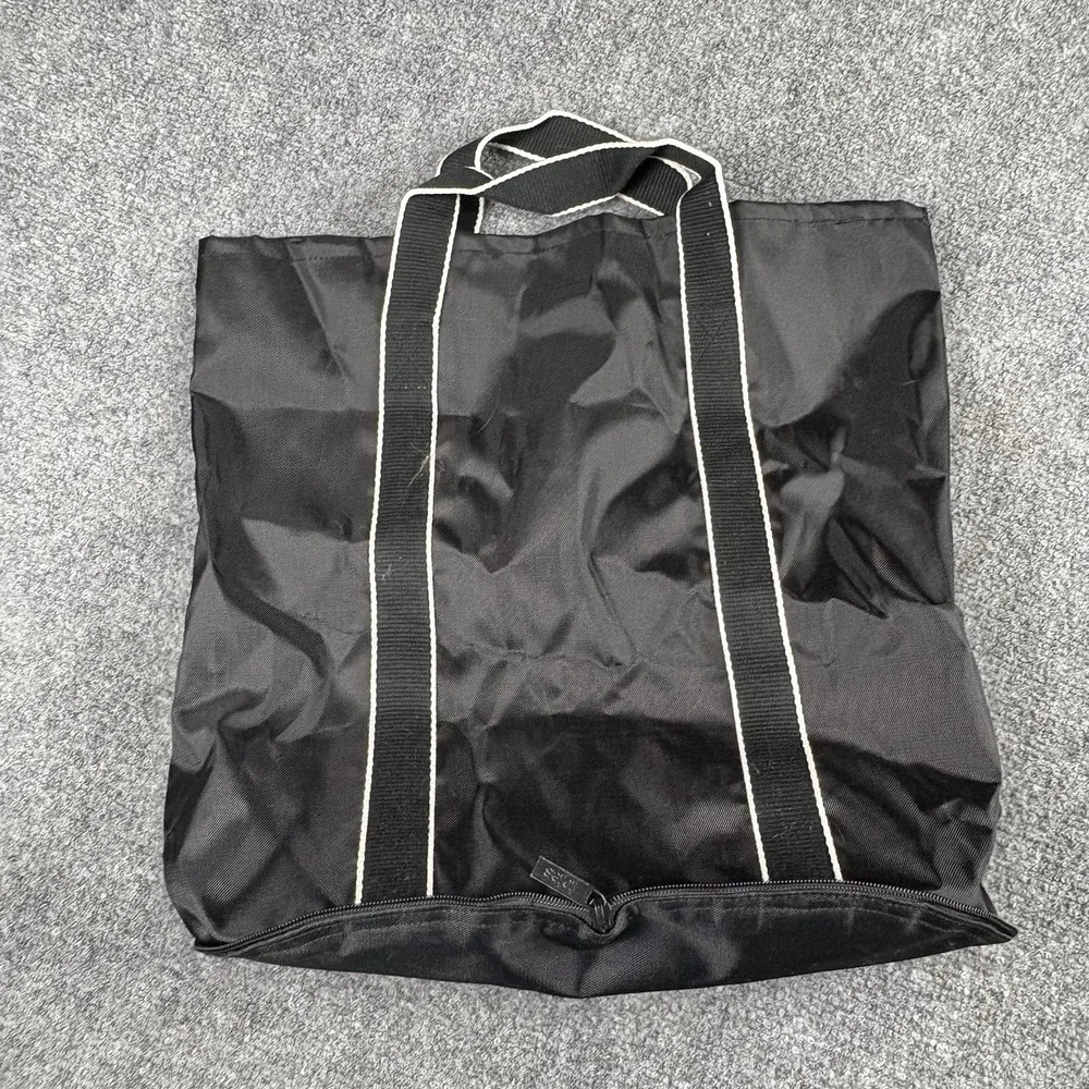 Y2K TOTES Black Nylon Tote Bag Collapses Into Small Zip Pouch Casual Utility VTG